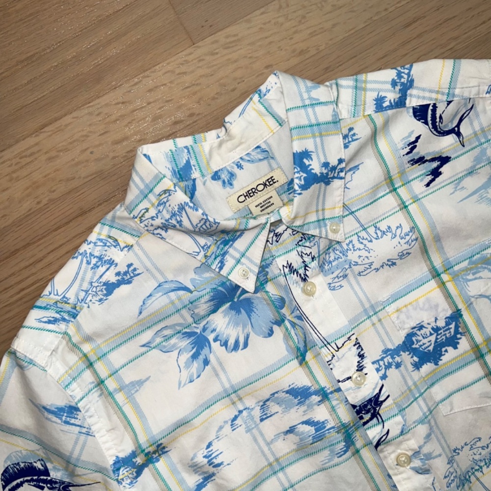 Cherokee NWOT cotton white kids large (10-12) hawaiian short sleeve shirt